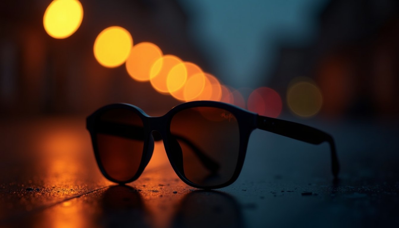 Sunglasses on a wet street surface at night with blurred headlight bokeh behind them