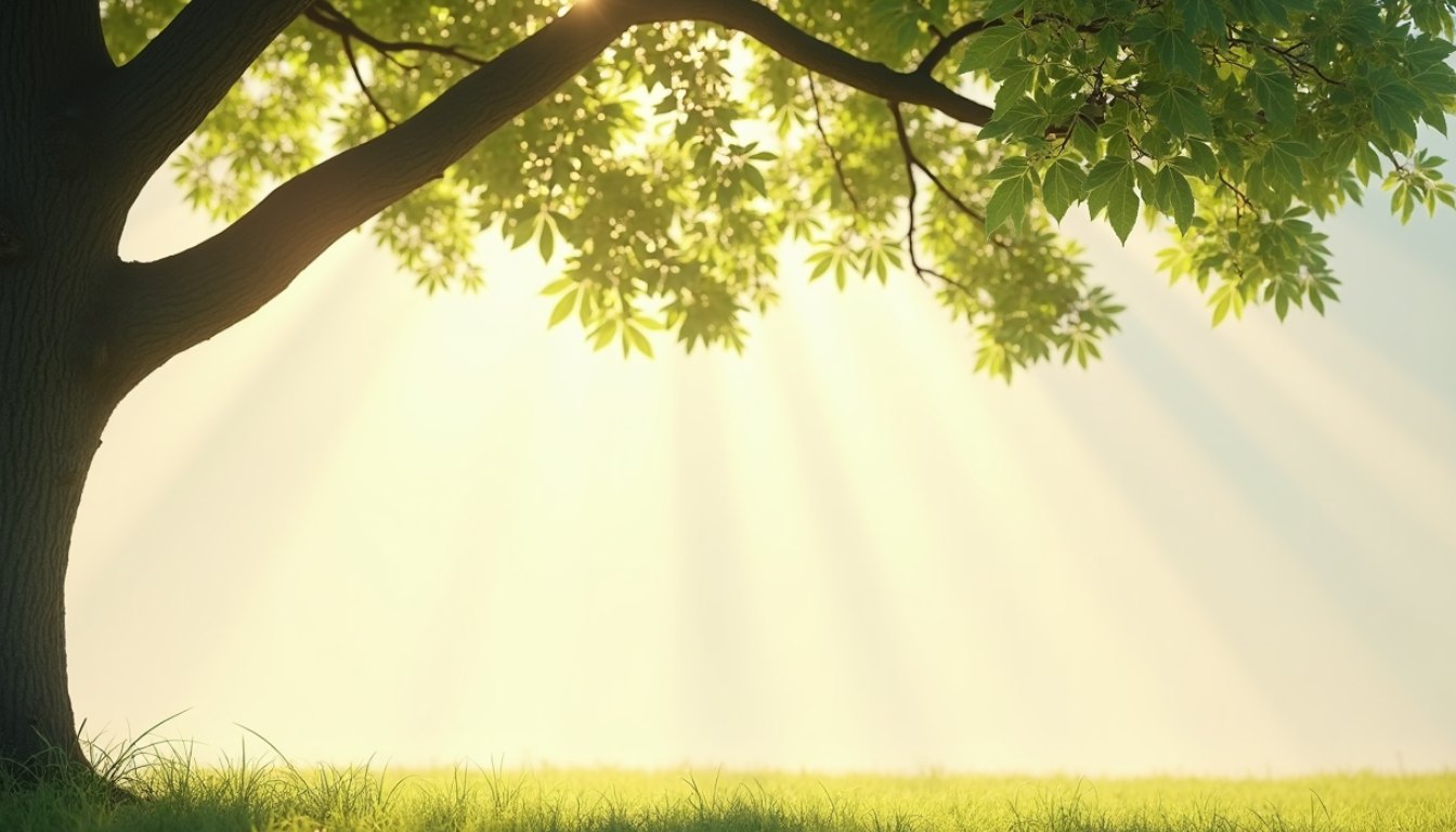 Sunlight filtering through the canopy of a broad tree onto bright grass, soft shade beneath the branches
