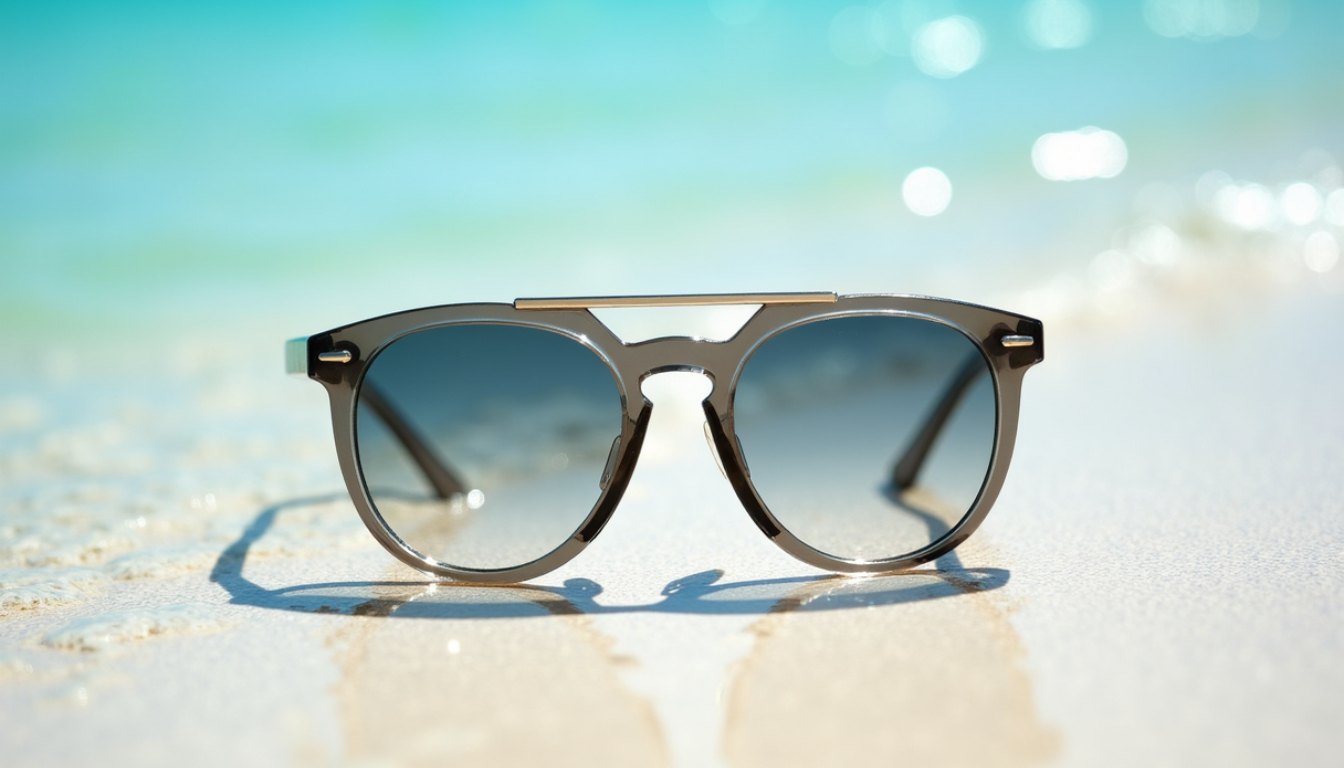 White sand and bright turquoise shallow water at midday with intense reflected glare off the wet sand