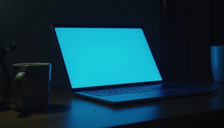 A laptop screen glowing cool blue-white in a dark room at night, light spilling across a desk