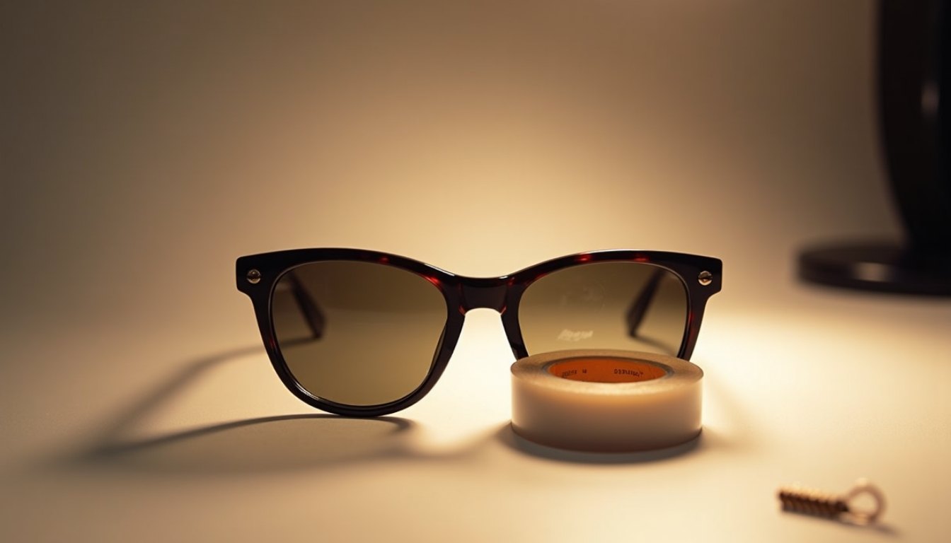 A pair of sunglasses on a wooden table beside a small dish in warm indoor light