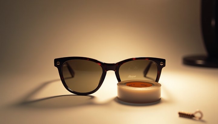 A pair of sunglasses on a wooden table beside a small dish in warm indoor light