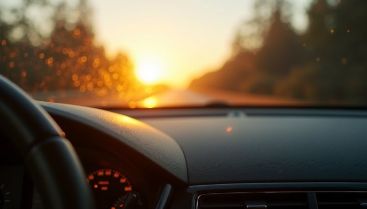 A car dashboard in full sun with heat shimmer rising from the black vinyl
