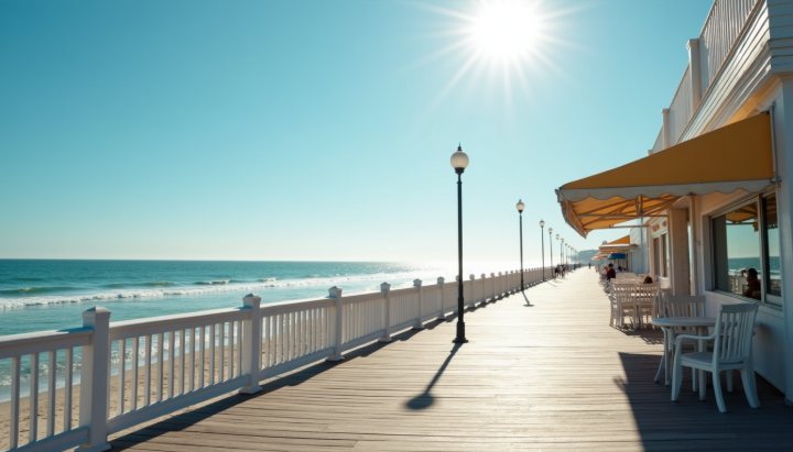 A bright beach boardwalk in hard summer sun with white railings and sea glitter beyond
