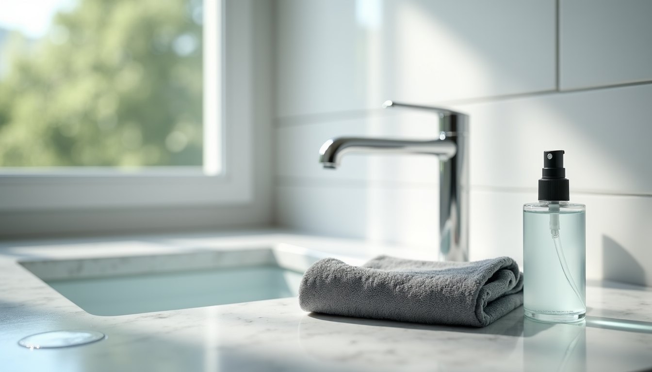 A folded grey microfibre cloth and a small spray bottle beside a running tap on a white counter