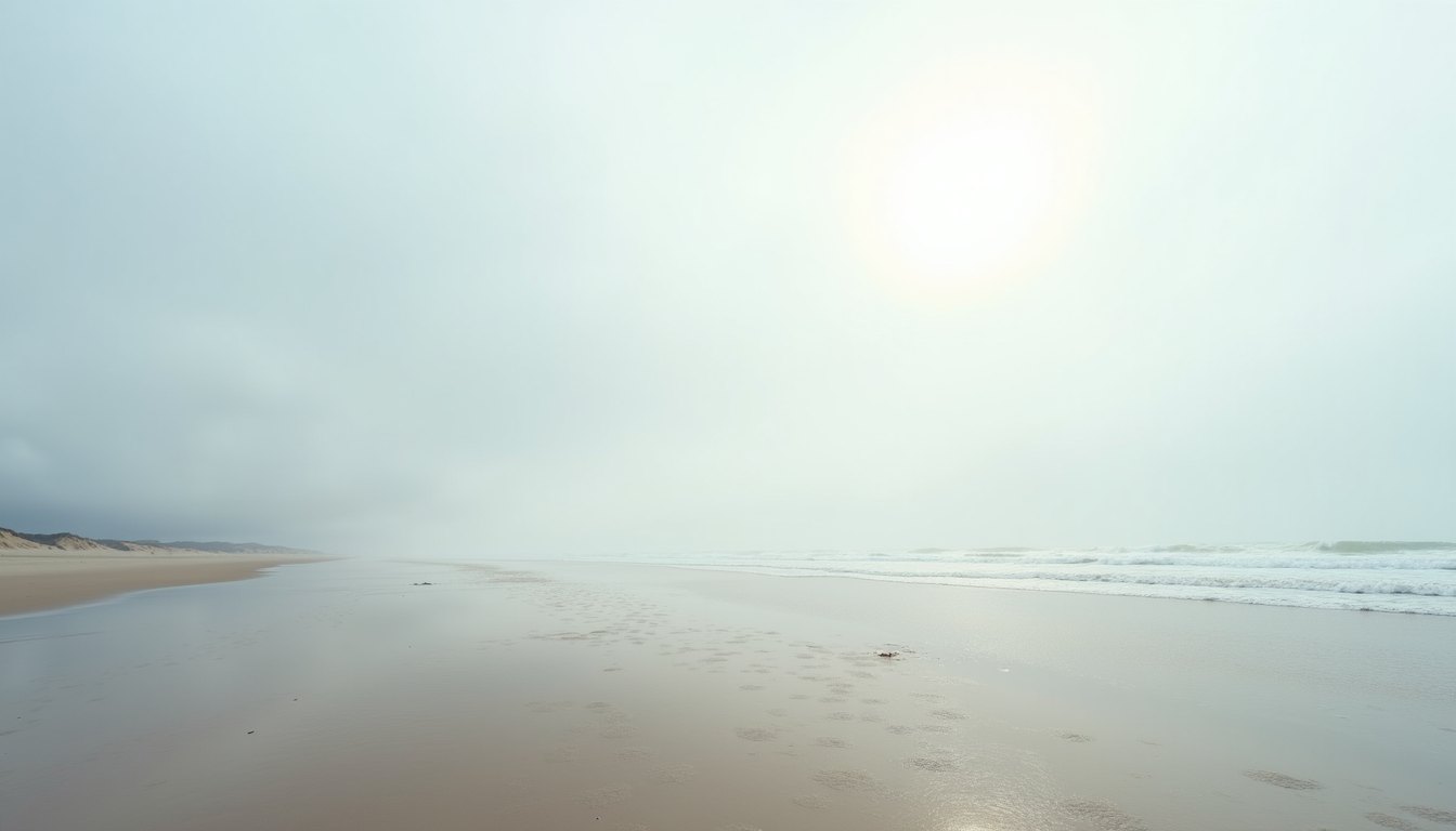A wide beach under a uniformly bright overcast sky with wet sand reflecting the glow and no shadows anywhere