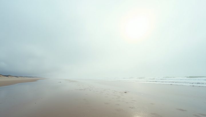 A wide beach under a uniformly bright overcast sky with wet sand reflecting the glow and no shadows anywhere