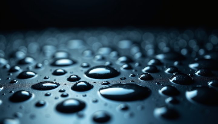 Extreme close-up of water beading into spheres on a glossy hydrophobic surface against a dark background