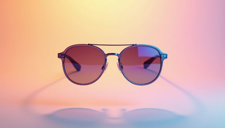 Sunglasses with rose-tinted lenses against a soft pink and violet gradient background