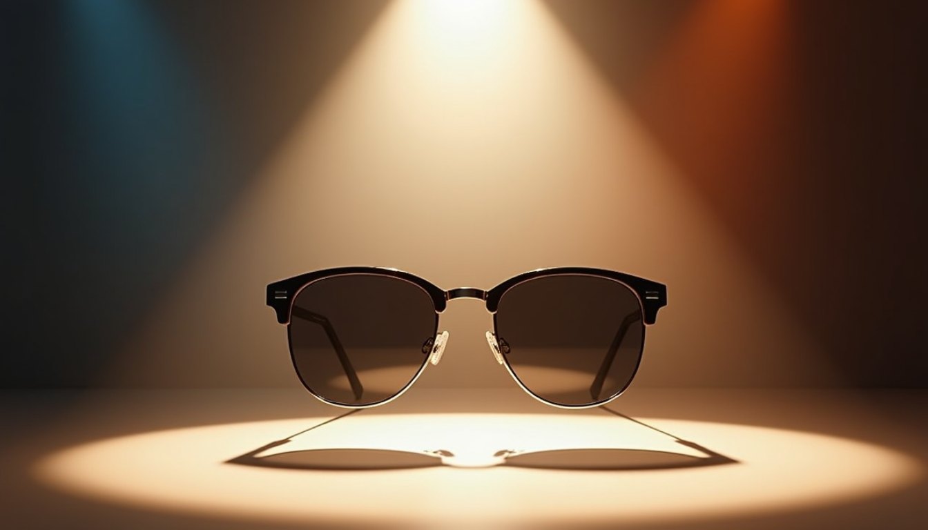 A pair of sunglasses lit by a single hard spotlight cone against a dark background