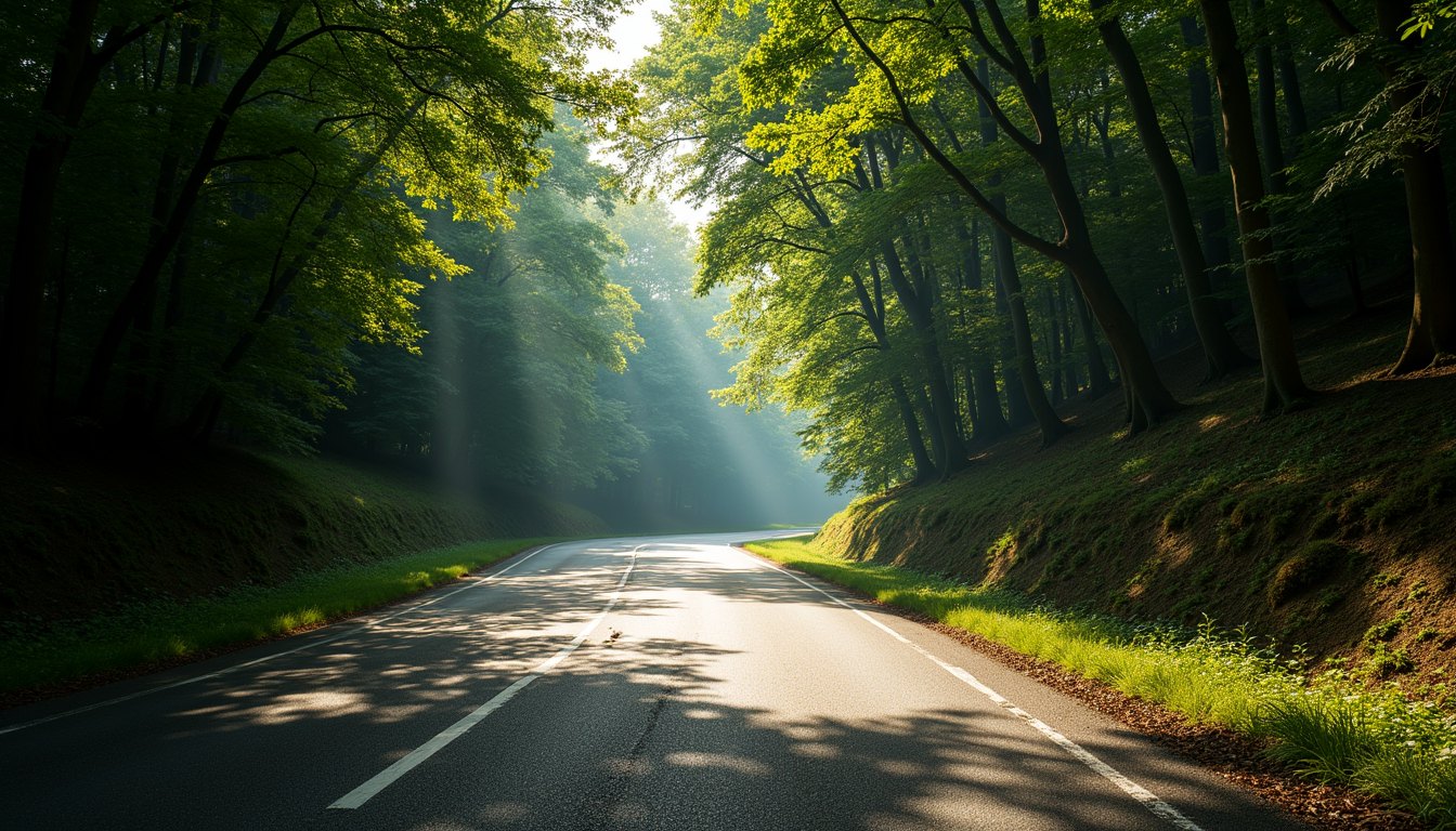 A narrow tarmac road climbing through forest with patches of hard sun and deep shade alternating along it