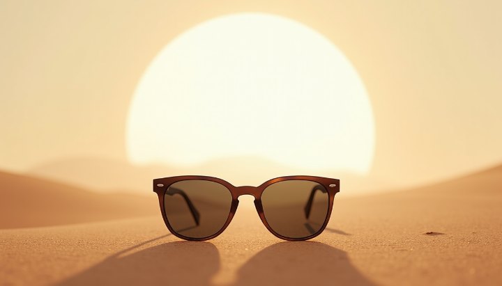 Sunglasses silhouetted against a large low sun in a pale dust haze over sand