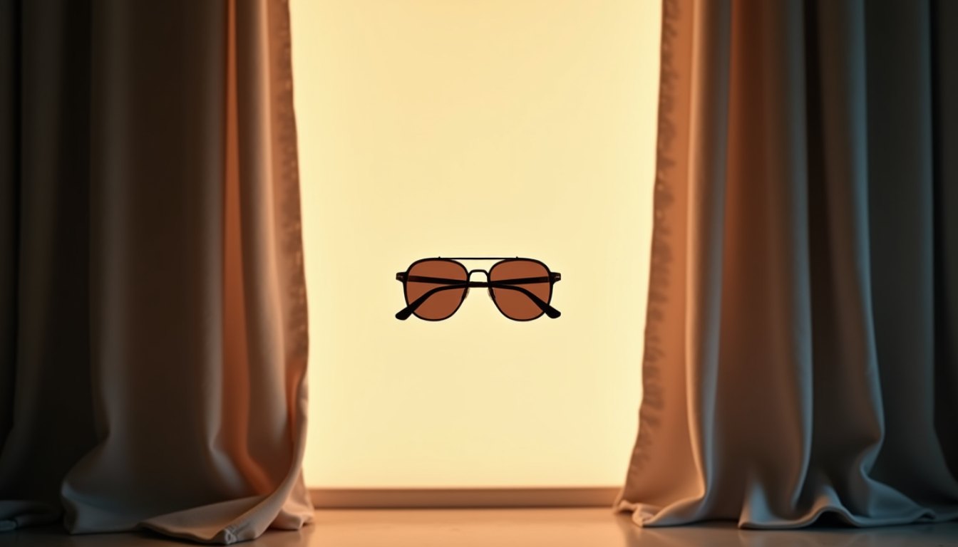 A dim interior room with curtains drawn against bright daylight and a thin seam of intense light at the curtain edge