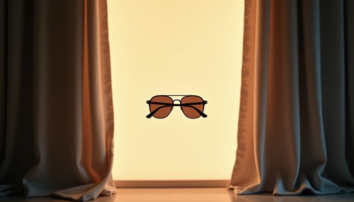 A dim interior room with curtains drawn against bright daylight and a thin seam of intense light at the curtain edge