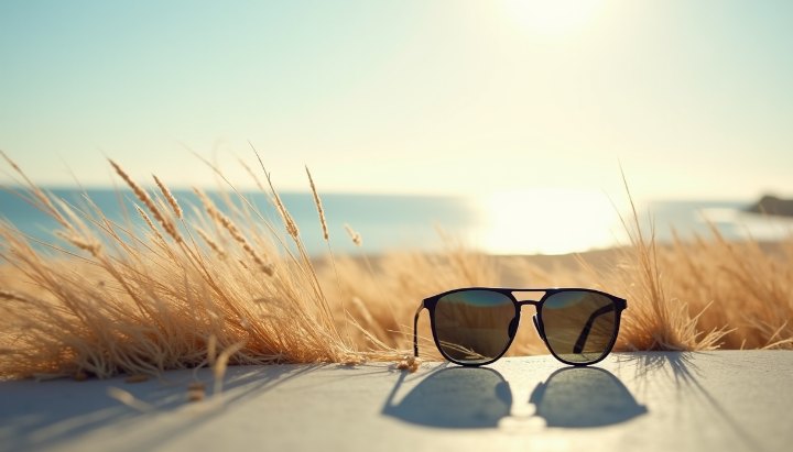Sunglasses on pale sand among dry windblown grass, flat sea light behind