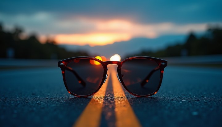A two-lane road at late dusk with the last orange band on the horizon, deep blue above and oncoming headlights as soft bright points