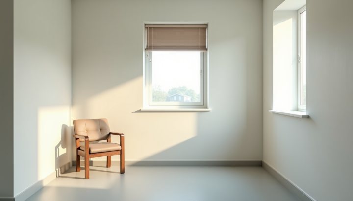 A quiet clinic waiting room with pale walls, a single chair and a window with a half-drawn blind