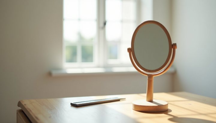 A plain oval hand mirror on a light wooden dresser reflecting a bright window, beside a steel rule