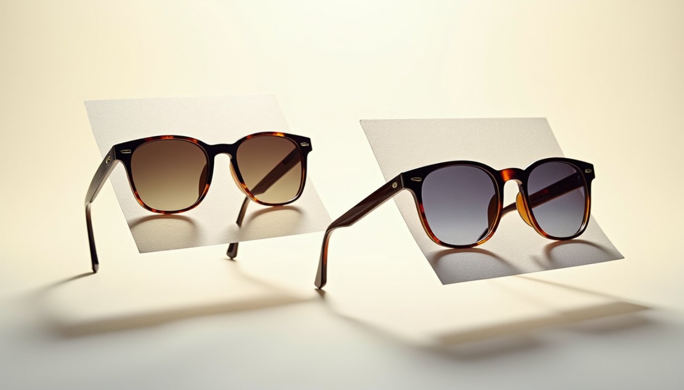 Two similar pairs of sunglasses laid side by side on a pale surface with plain cards beneath them