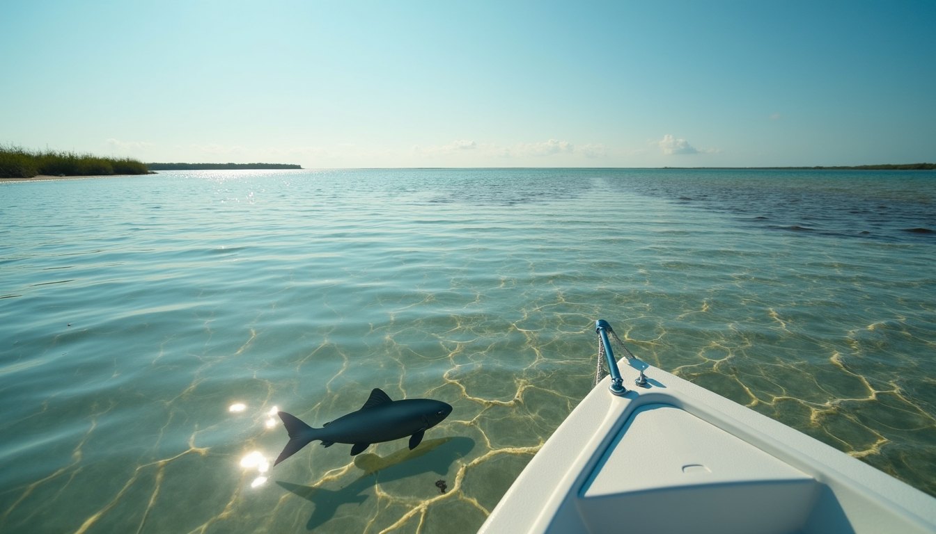 Shallow clear water over a sand flat from a boat bow, with a fish shadow visible beneath the surface glitter