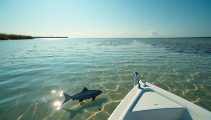 Shallow clear water over a sand flat from a boat bow, with a fish shadow visible beneath the surface glitter