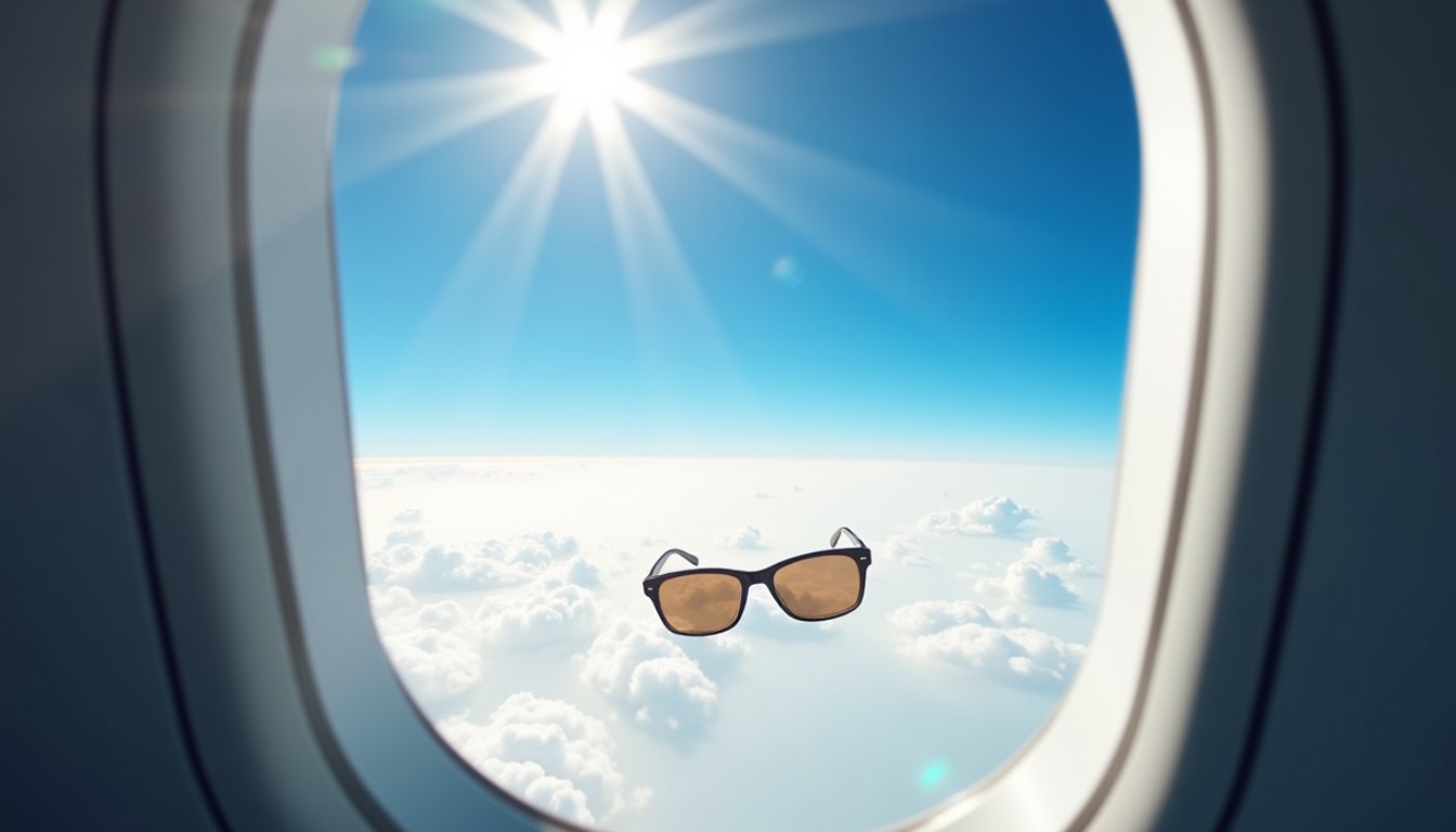 An aircraft window at cruising altitude with brilliant sunlight above a flat white cloud deck and deep blue sky