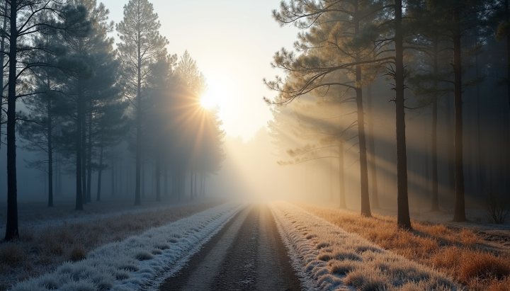 A cold morning trail with mist hanging in still air among pine trees and frost on the ground