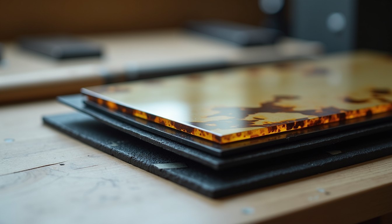 Small sheets of acetate in tortoiseshell, black and clear stacked on a workbench beside a bar of matte nylon