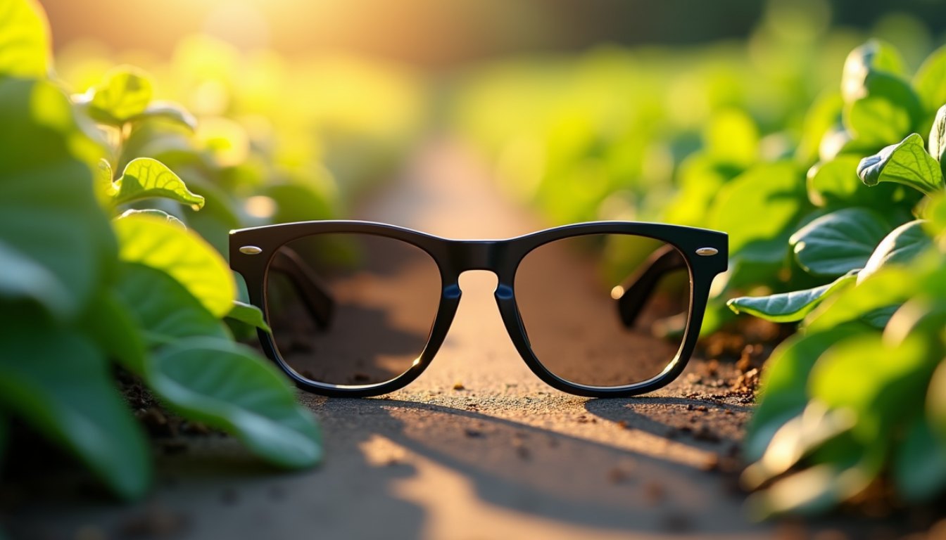 Sunglasses resting on bare soil among bright green foliage in strong midday sun