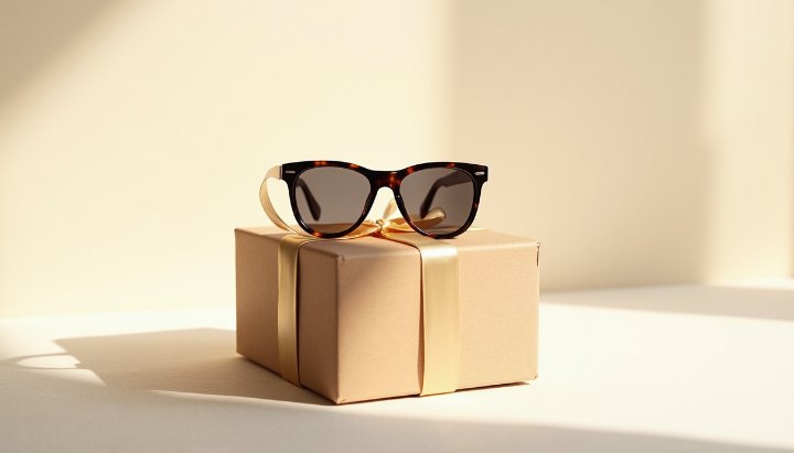 A pair of sunglasses resting on a small kraft paper gift box on a pale surface