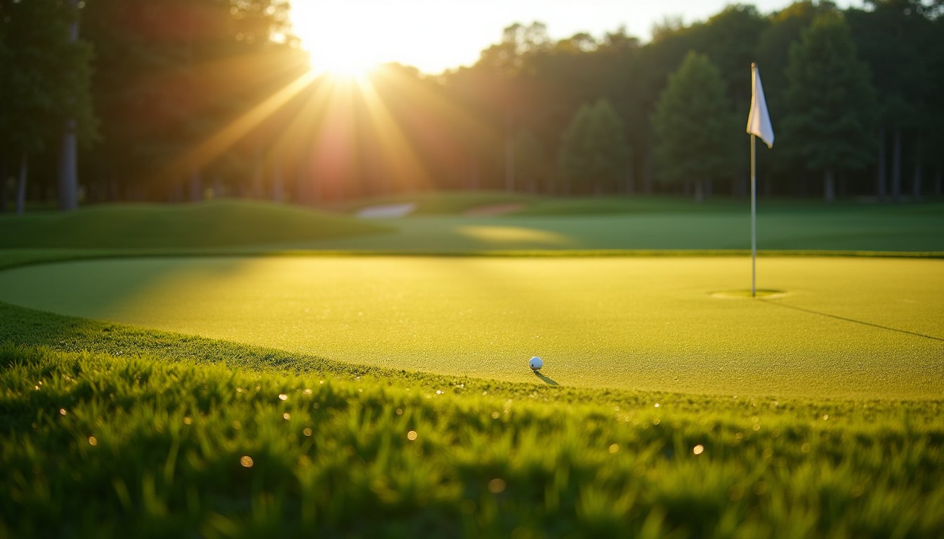 A golf green in early morning light with dew on the grass and the flag casting a thin shadow