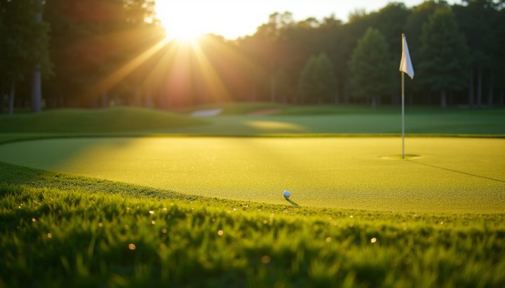 A golf green in early morning light with dew on the grass and the flag casting a thin shadow
