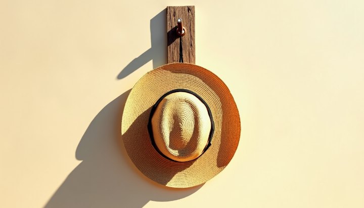 A wide-brimmed straw hat hanging on a weathered wooden peg in bright sun, hard shadow beneath the brim