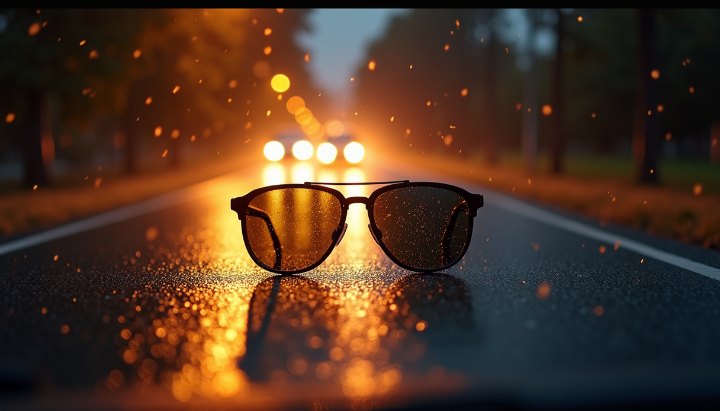 Oncoming vehicle headlights at night on a wet road seen through a rain-flecked windscreen with strong starburst flare