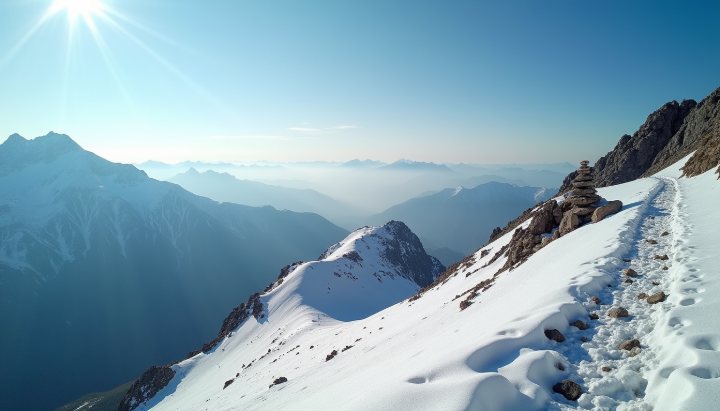 A high alpine trail above the treeline in hard midday light with pale scree and a distant ridge in haze