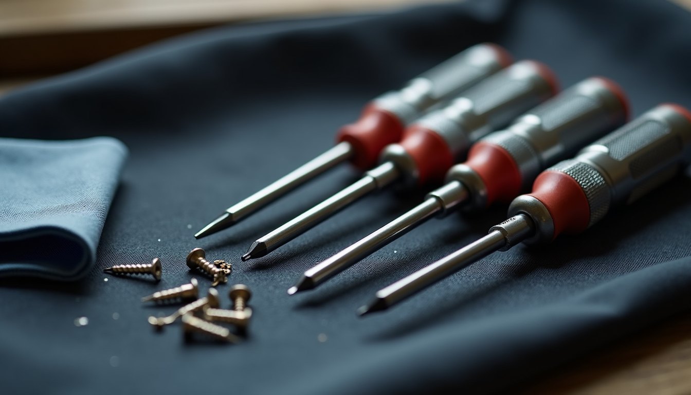 A precision screwdriver set fanned out on a dark cloth beside tiny screws and a folded microfibre cloth