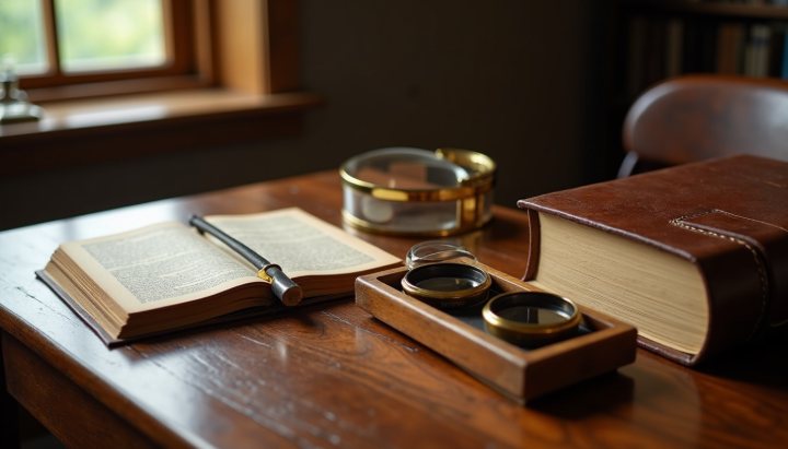 A polished walnut desk with a brass magnifying glass, an old leather ledger and round smoked-glass lens blanks in a wooden tray