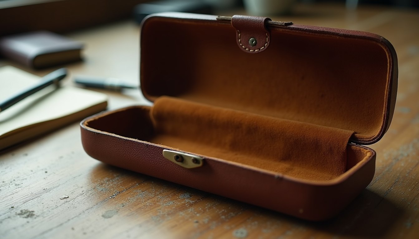 An old leather sunglasses case with worn edges and a faded interior on a wooden desk
