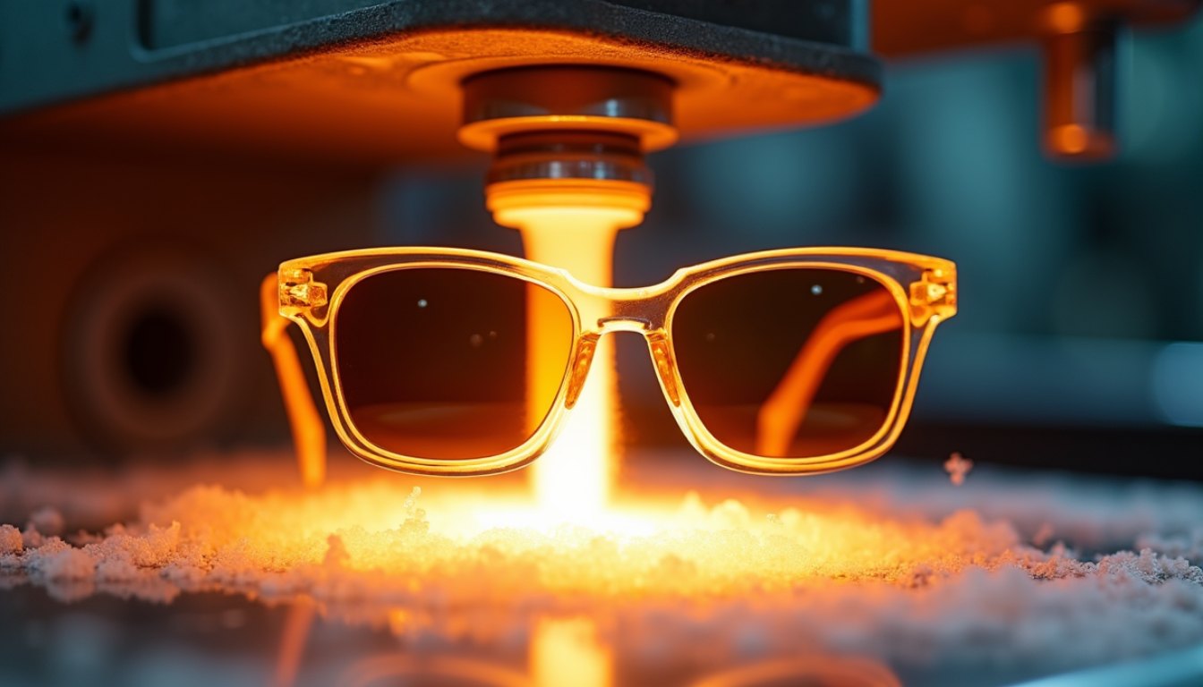 A pair of sunglasses glowing under industrial tooling, hot light and precise machinery around them