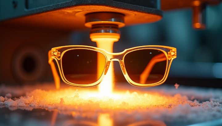 A pair of sunglasses glowing under industrial tooling, hot light and precise machinery around them
