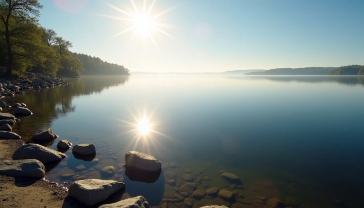 A still lake at midday with the sun reflected as a blinding streak across the surface