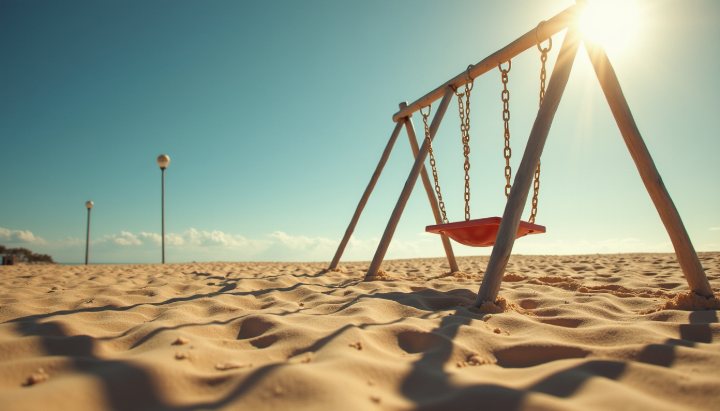 A sandy playground in hard summer sun with an empty swing casting a sharp shadow