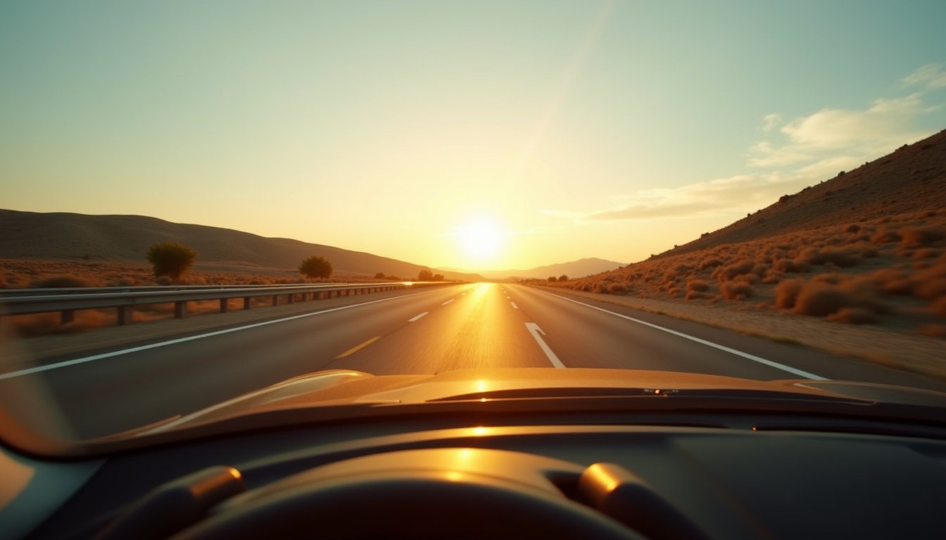 A driver's view of a straight highway at golden hour with the sun low and ahead