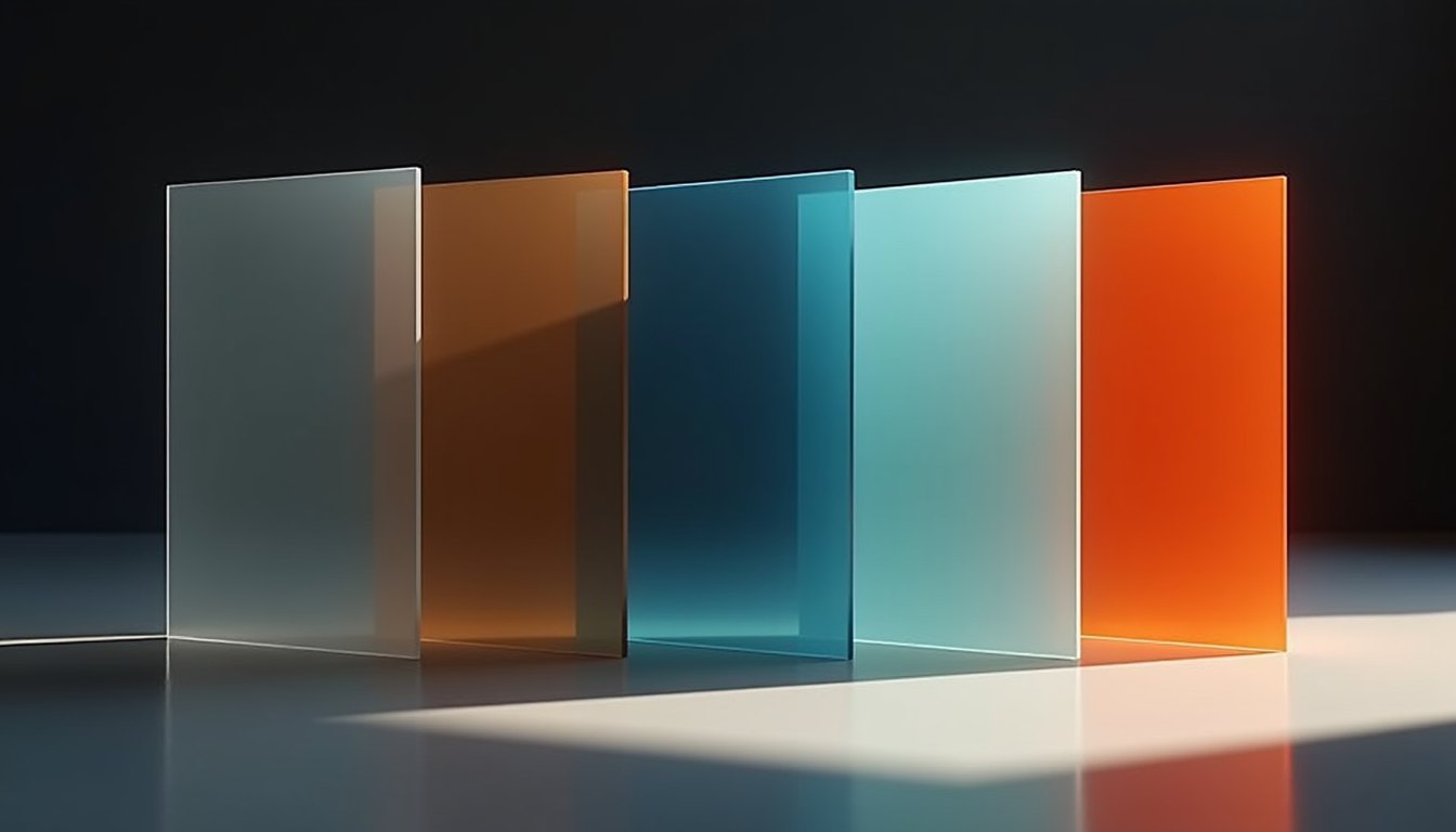 Five sheets of tinted glass in a row, grey, brown, deep blue, pale blue and red-orange, each casting a coloured shadow