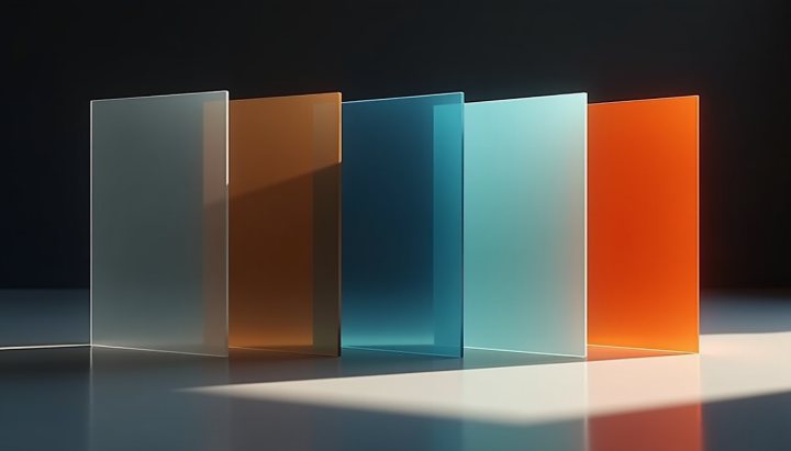 Five sheets of tinted glass in a row, grey, brown, deep blue, pale blue and red-orange, each casting a coloured shadow