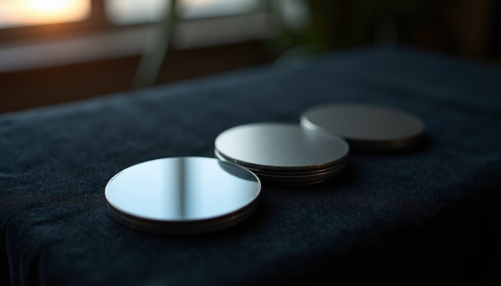Three clear lens blanks on black velvet under a single light, each catching a different highlight