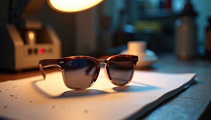 A pair of sunglasses on a workshop bench beside machinery under a warm task lamp