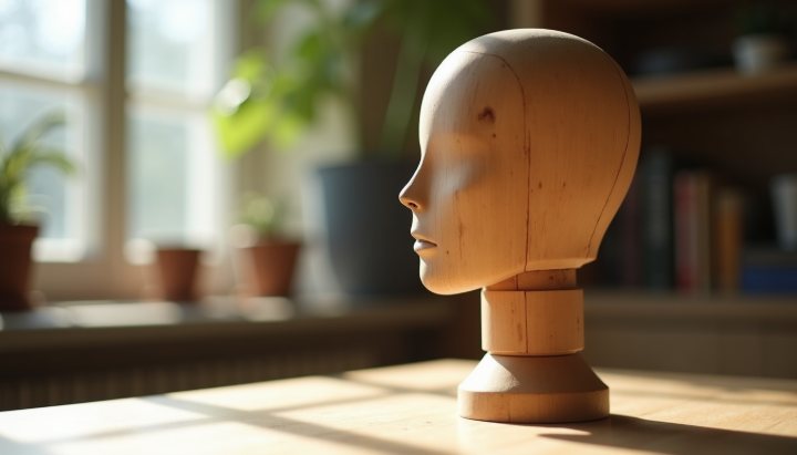 A wooden artist's mannequin head in profile showing the nose and cheekbone line in soft daylight