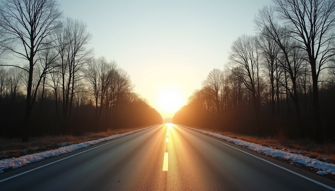 A straight winter road with the sun sitting on the horizon at the end of it and long tree shadows across the tarmac