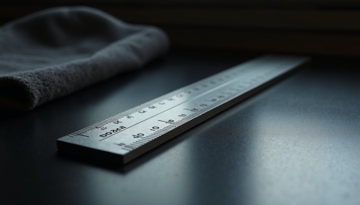 A steel rule lying on a dark surface with its tick marks running out of focus